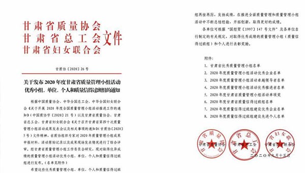 近日，甘肅省質(zhì)量協(xié)會、甘肅省總工會、甘肅省婦女聯(lián)合會聯(lián)合發(fā)文表彰了2020年甘肅省優(yōu)秀質(zhì)量管理小組活動成果，隧道公司推薦申報的《研發(fā)一組濕陷性黃土路基施工高功效參數(shù)》《提高U型槽安裝的美觀度》和《